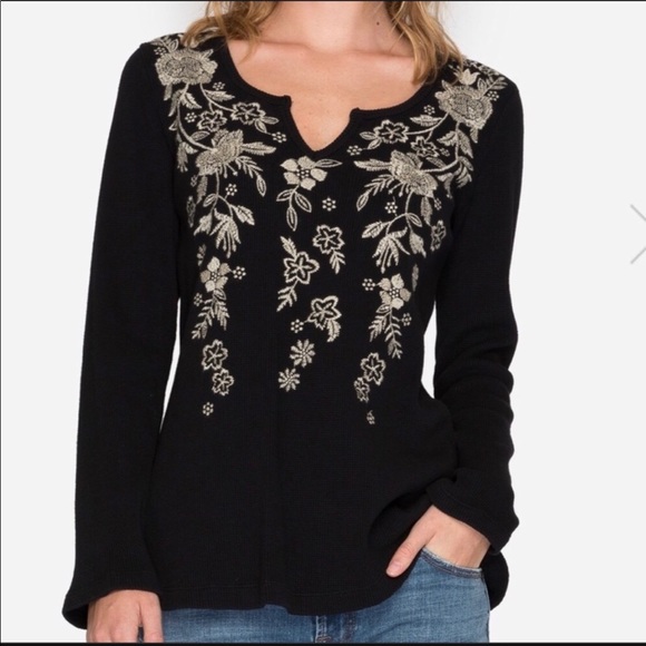 Johnny Was Tops - Johnny Was Parina Boho Tee Black thermal top Large